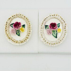 Vintage Victorian Capodimonte Porcelain Flowers Wall Plaques Japan Set of 2